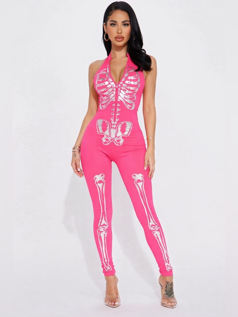 Forplay Hot Pink Skeleton Jumpsuit Halter Bodycon Halloween Festival